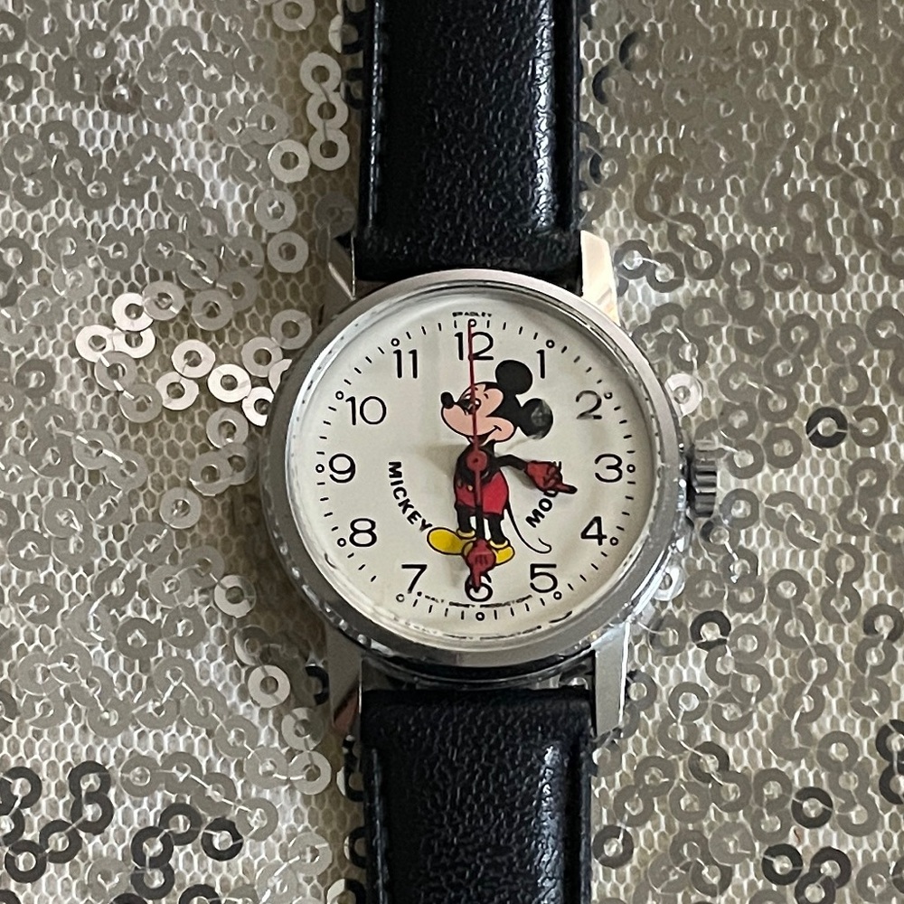 Vintage Bradley Mickey Mouse Watch | Black Leather Band | Runs Great | Disney